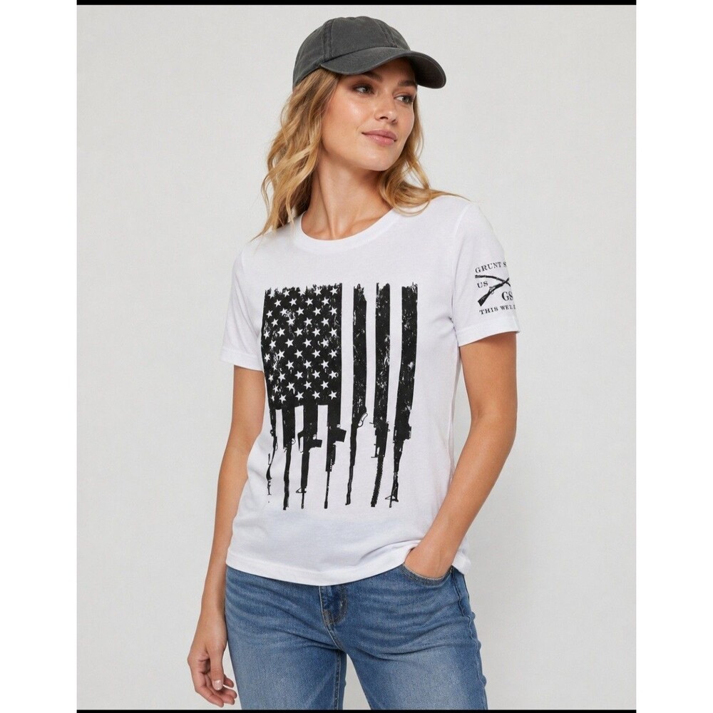 Grunt Style Gun White & Black Rifle American Flag Tshirt Ladies XL White